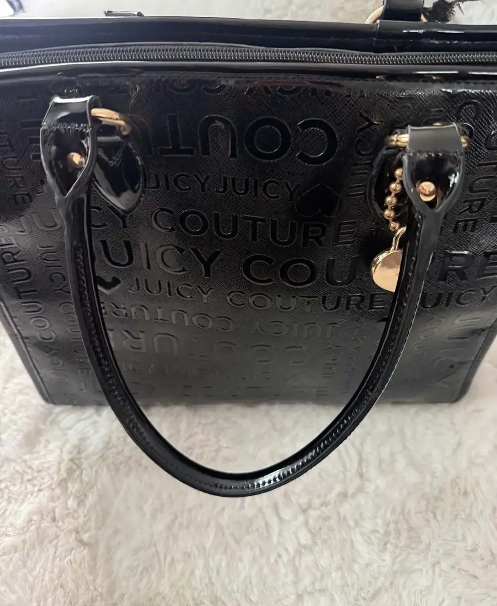 Y2K Juicy Couture Black Debossed Logo Satchel Handbag with Heart Lock Charm